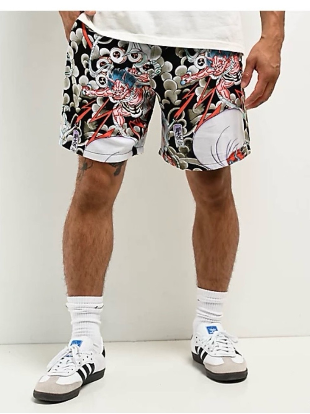 Ed Hardy Black Graphic Tattoo-Print Men’s Shorts with Red and White Accents